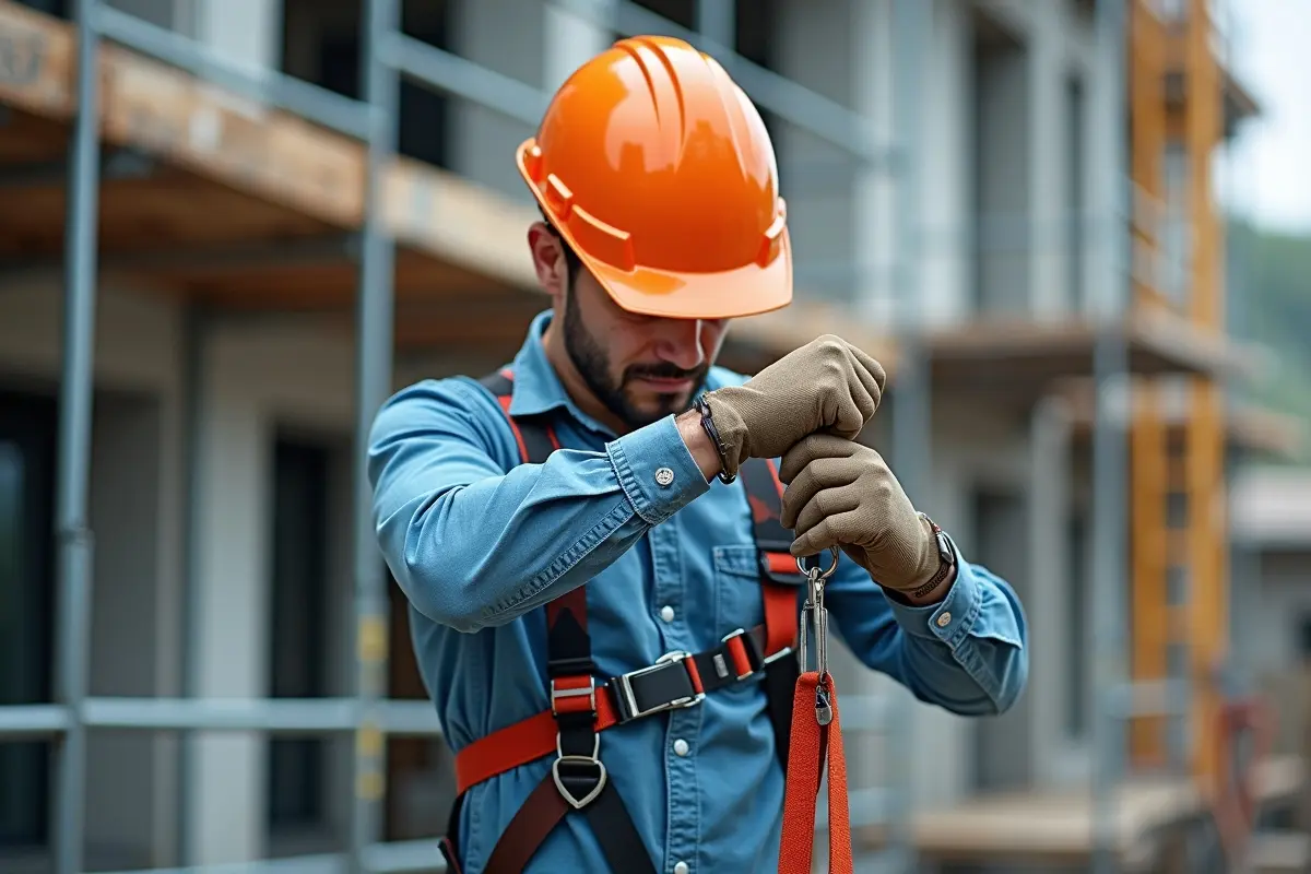 person applying harness for safety