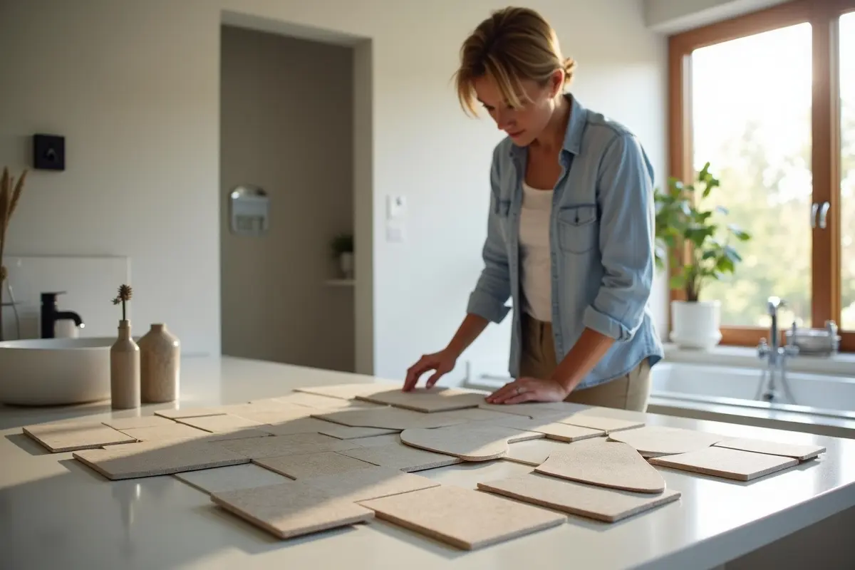 homeowner selecting durable bathroom floor tiles for stylish functional space