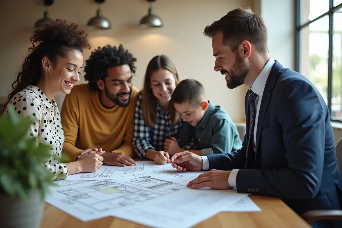 family reviewing construction to permanent loan options with lender