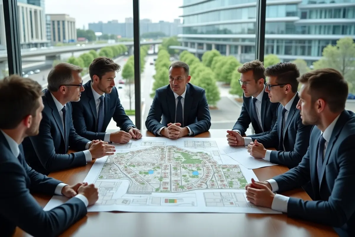 business leaders evaluating ideal neighborhood for corporate headquarters location