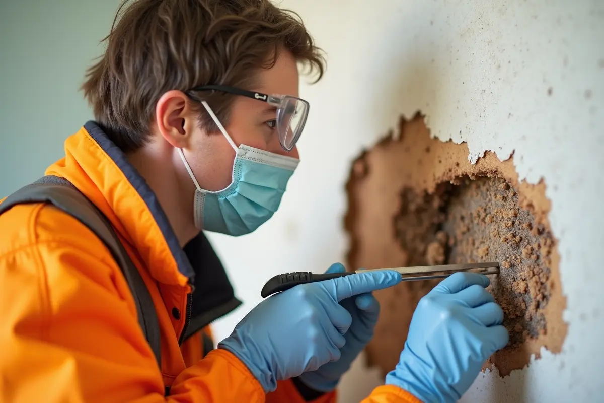 professional treating termites hidden inside damaged interior wall structures